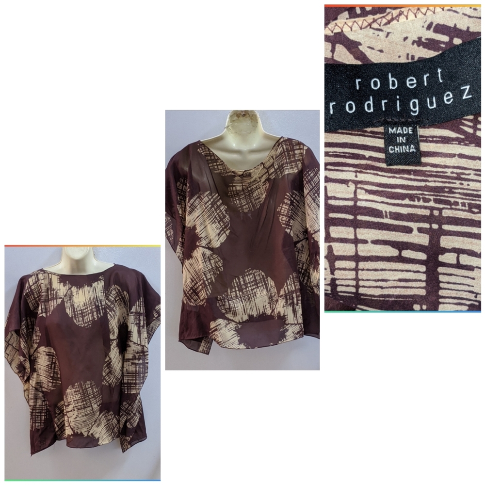 ROBERT RODRIGUEZ BROWN WITH BEIGE 100% SILK TOP - Picture 3 of 5